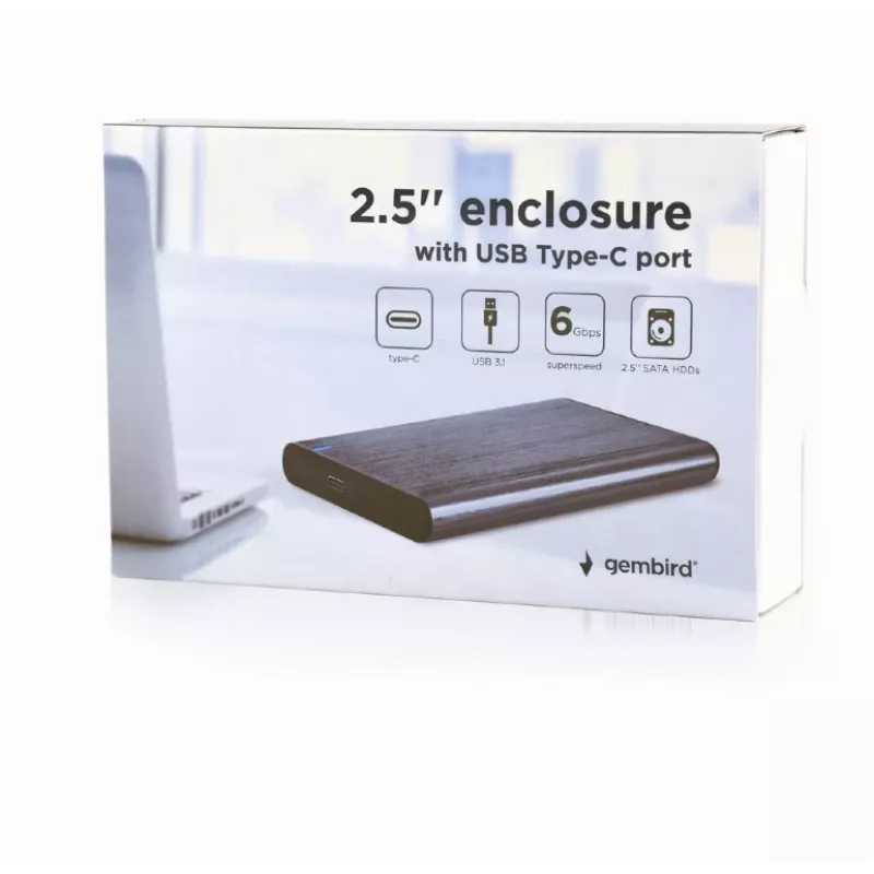 GEMBIRD USB 3.1 2,5 inch SATA HDD-behuizing met Type-C-aansluiting, geborsteld aluminium - grijs