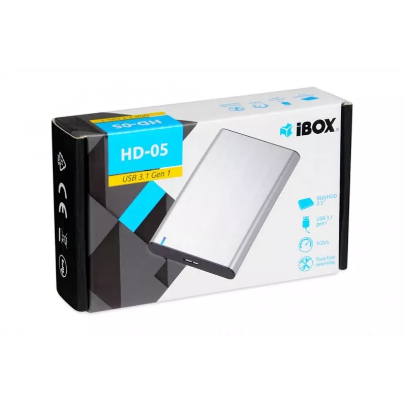 HDD/SSD-behuizing IBOX HD-05 — 2,5 inch SATA III, USB 3.2 Gen 1 (5 Gbit/s), Micro-USB B, tot 10 TB, grijs