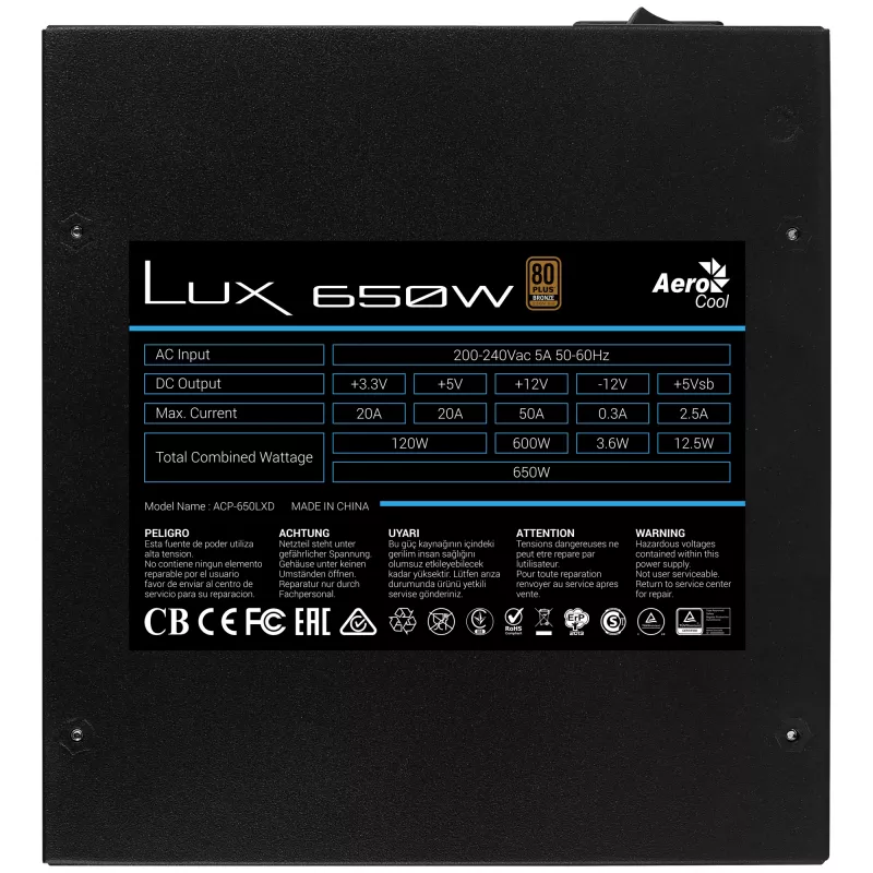 Aerocool LUX650 pc-voeding 650W 80 Plus Bronze 230V 88% efficiëntie zwart