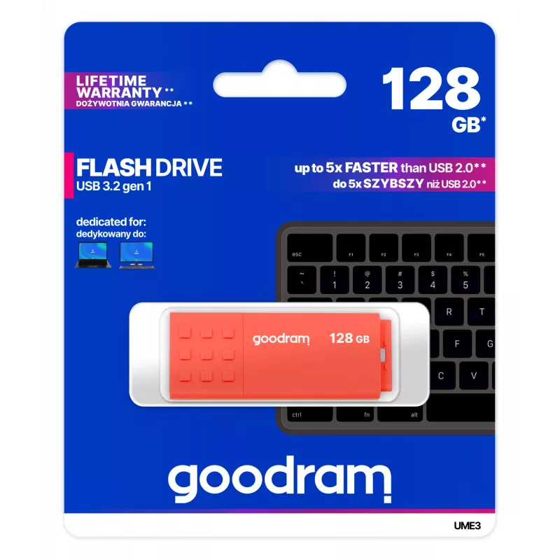 USB-stick GOODRAM UME3 128 GB USB Type-A 3.2 Gen 1, oranje, kap-loos, 60/20 MB/s
