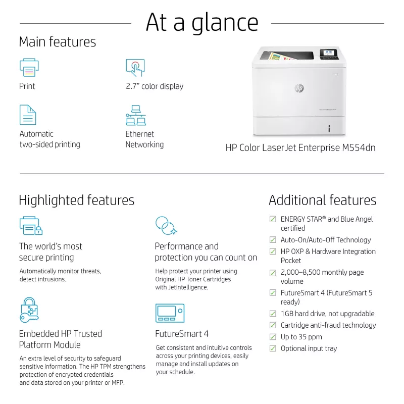 HP Color LaserJet Enterprise M554dn printer, laser, kleur, 1200 x 1200 DPI, A4, 33 ppm, dubbelzijdig printen