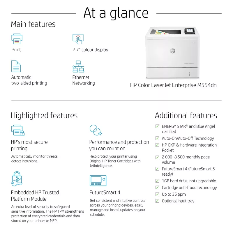 HP Color LaserJet Enterprise M554dn printer, laser, kleur, 1200 x 1200 DPI, A4, 33 ppm, dubbelzijdig printen