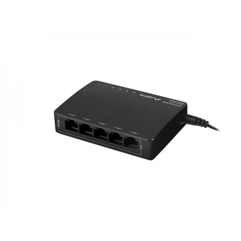 Onbeheerde netwerkswitch LANBERG DSP3-1005-60W, 5x Gigabit RJ-45, 4x PoE+ (60 W totaal), 10 Gbit/s schakelcapaciteit