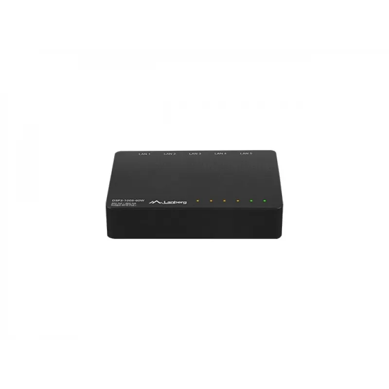 Onbeheerde netwerkswitch LANBERG DSP3-1005-60W, 5x Gigabit RJ-45, 4x PoE+ (60 W totaal), 10 Gbit/s schakelcapaciteit