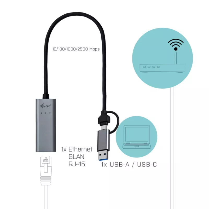 “i-tec Metal USB-C/USB-A 2.5Gbps Ethernet” adapter, bekabeld, USB Type-A/USB Type-C, Ethernet, 2500 Mbit/s, grijs