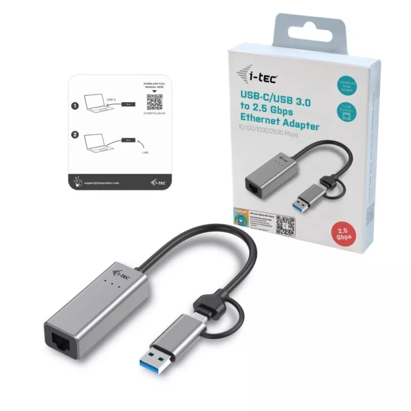 “i-tec Metal USB-C/USB-A 2.5Gbps Ethernet” adapter, bekabeld, USB Type-A/USB Type-C, Ethernet, 2500 Mbit/s, grijs