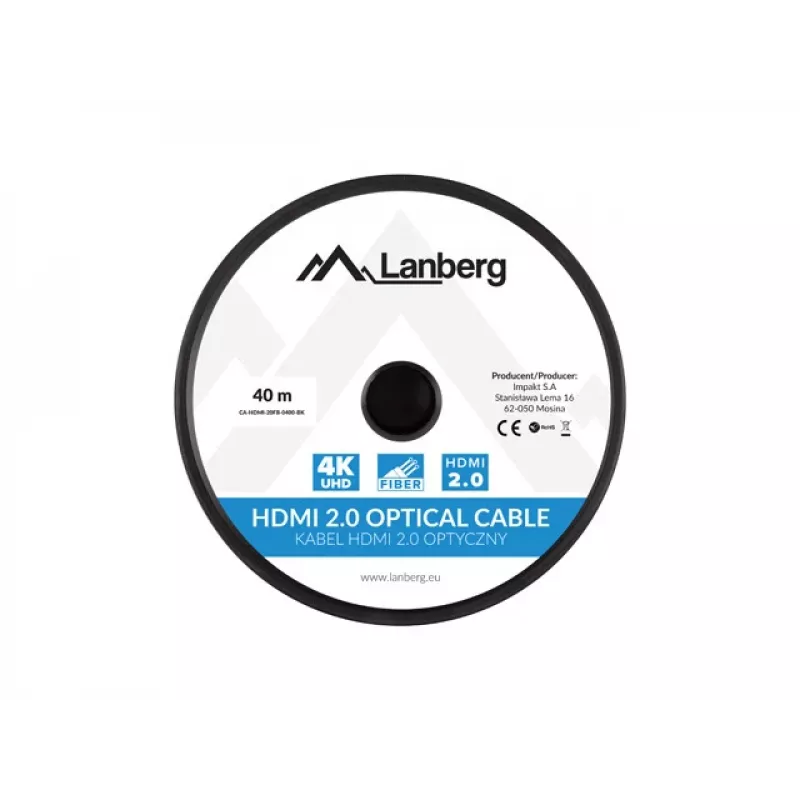Lanberg CA-HDMI-20FB-0400-BK HDMI 2.0 actieve optische (AOC) kabel, 40 m, type A male-male, 4K 60 Hz (3840x2160), 18 Gbit/s, Ethernet, zwart