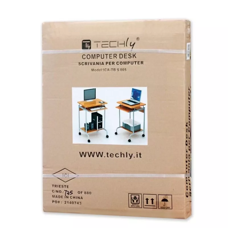 Computertafel TECHLY Compact ICA-TB S005 — compacte computertafel, MDF-tafelblad, toetsenbordlade, wielen, 600×450×750 mm, beuken