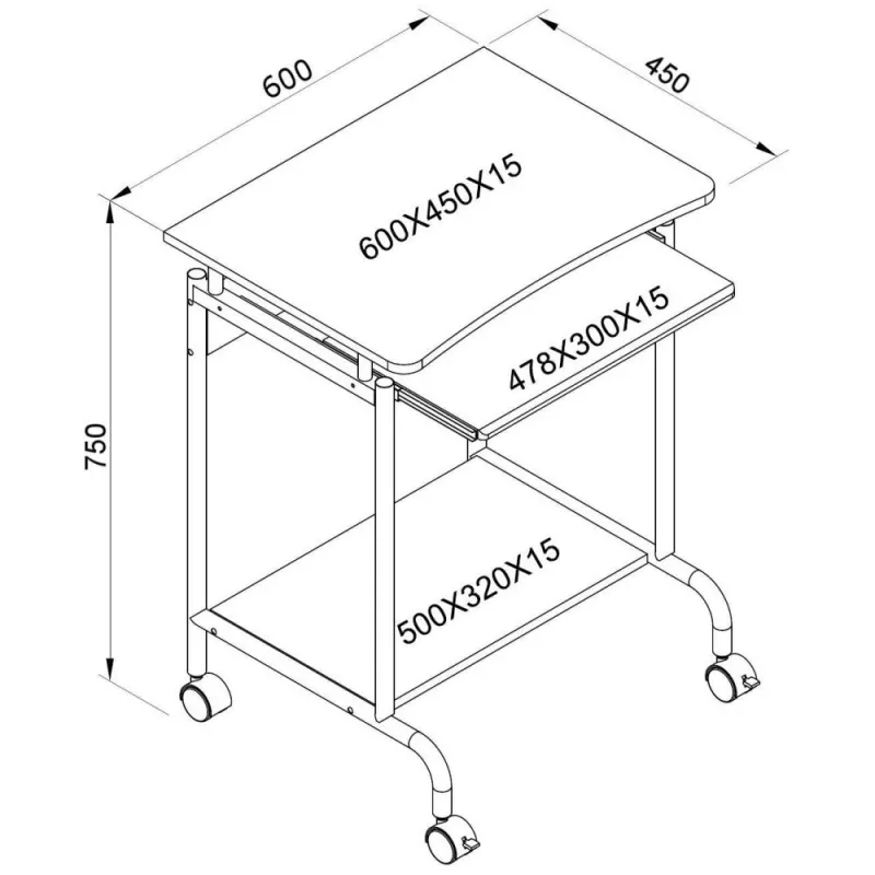Computertafel TECHLY Compact ICA-TB S005 — compacte computertafel, MDF-tafelblad, toetsenbordlade, wielen, 600×450×750 mm, beuken