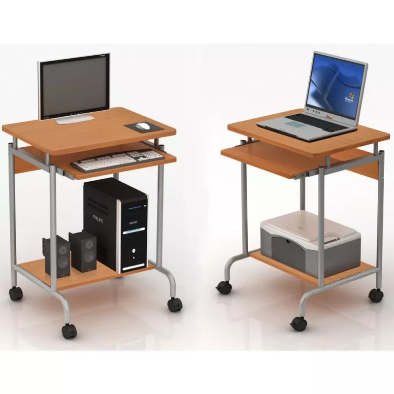 Computertafel TECHLY Compact ICA-TB S005 — compacte computertafel, MDF-tafelblad, toetsenbordlade, wielen, 600×450×750 mm, beuken