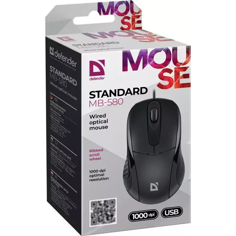 Bedrade optische muis DEFENDER MB-580 USB Type-A, dubbelhandig, 1000 DPI, 3 toetsen, zwart