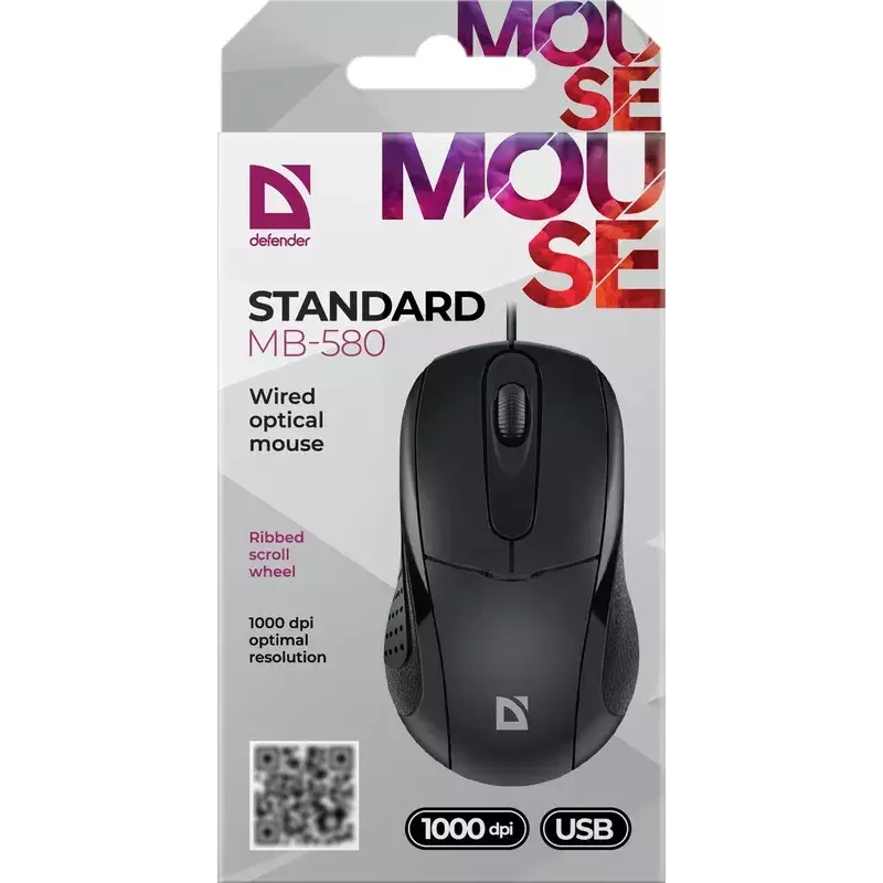 Bedrade optische muis DEFENDER MB-580 USB Type-A, dubbelhandig, 1000 DPI, 3 toetsen, zwart