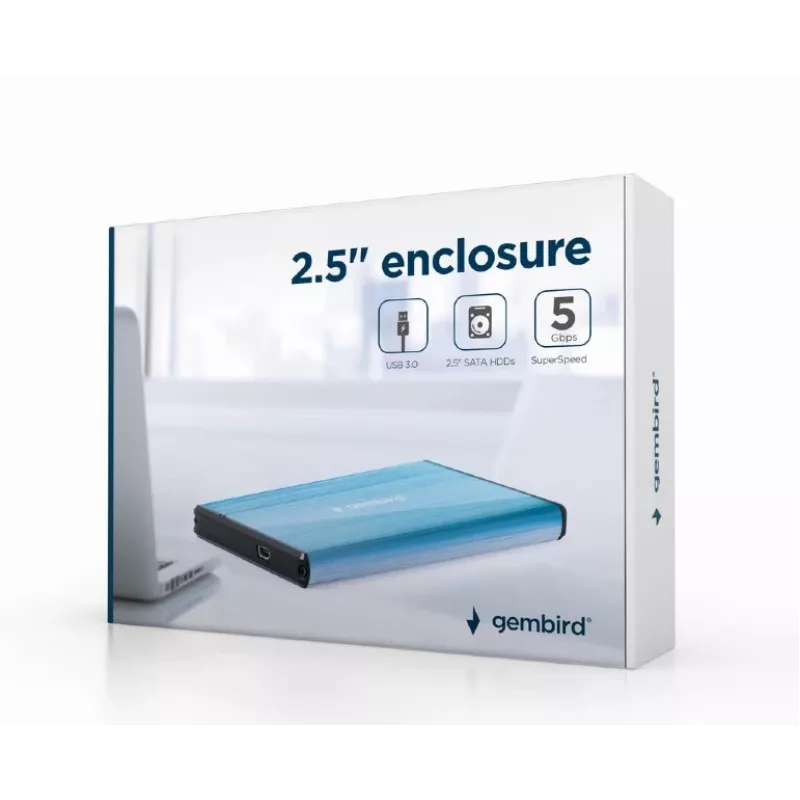 HDD-behuizing Gembird EE2-U3S-3-B — 2,5-inch single-bay, SATA, mini‑USB A, tot 7 TB, blauw
