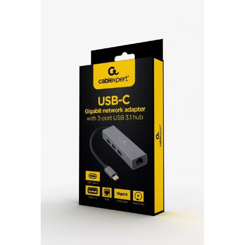 Docking-adapter Gembird A-CMU3-LAN-01 — USB-C 3.2 Gen 1, 1× Gigabit-LAN, 3× USB-A, metalen behuizing, grijs