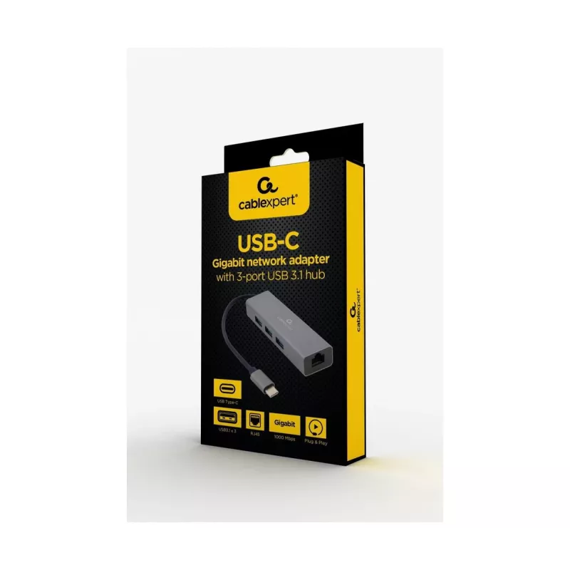 Docking-adapter Gembird A-CMU3-LAN-01 — USB-C 3.2 Gen 1, 1× Gigabit-LAN, 3× USB-A, metalen behuizing, grijs