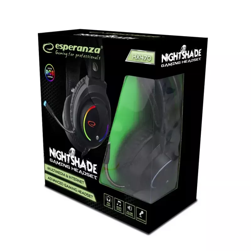 Esperanza EGH470 Nightshade bedrade gamingheadset met microfoon, RGB-verlichting, volumeregeling, 32 Ω, zwart