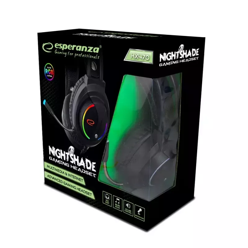 Esperanza EGH470 Nightshade bedrade gamingheadset met microfoon, RGB-verlichting, volumeregeling, 32 Ω, zwart