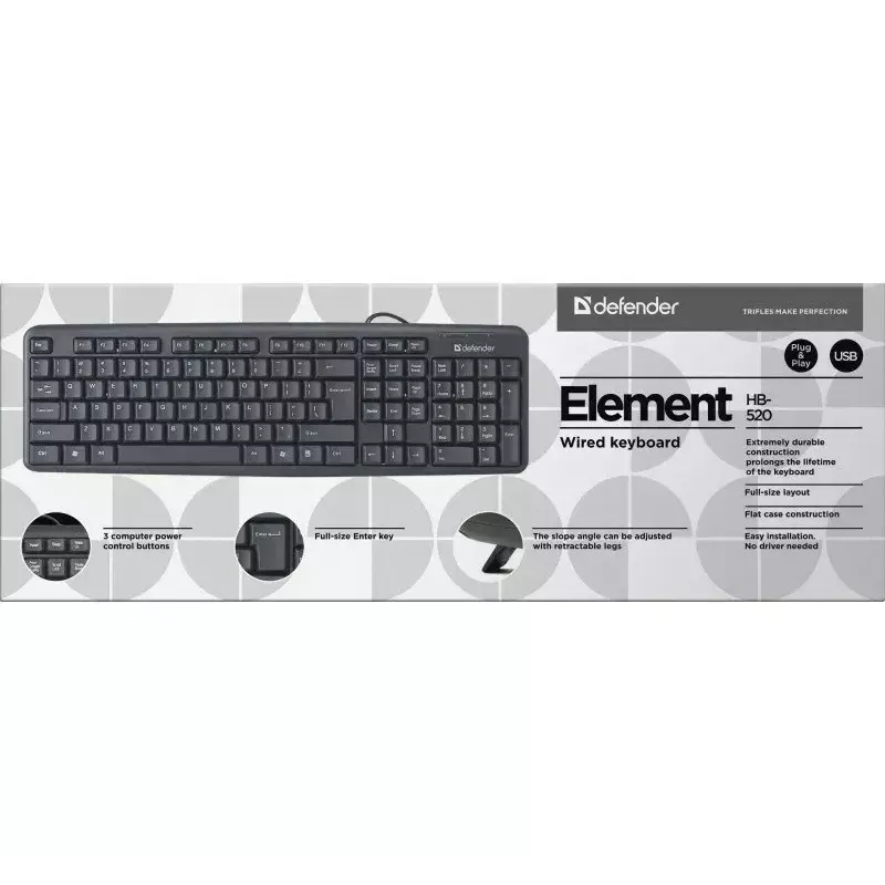 Bedraad USB-toetsenbord DEFENDER HB-520 – compacte layout, USB-aansluiting