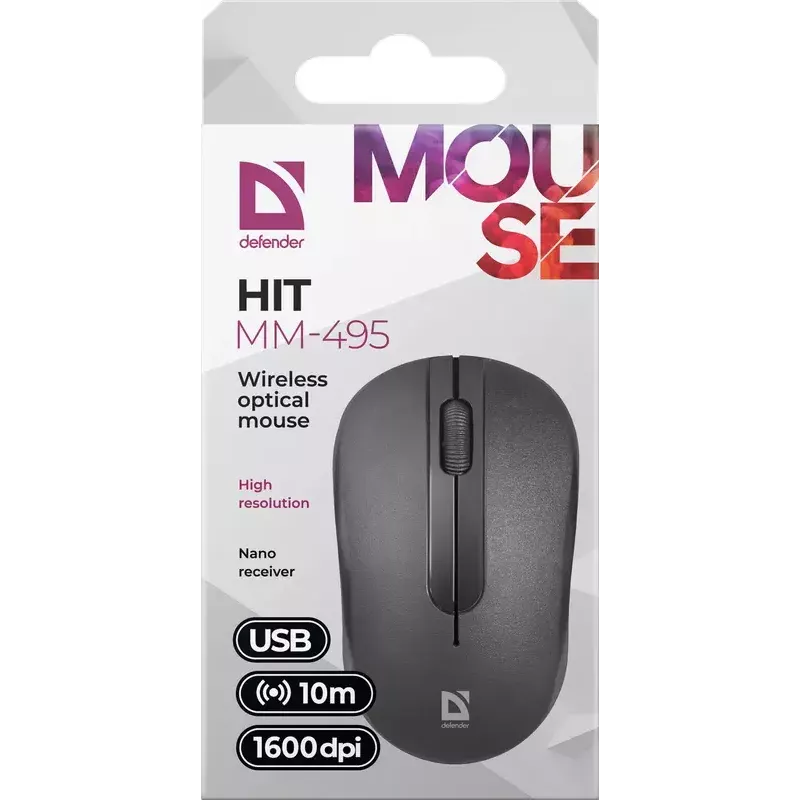 Draadloze optische muis DEFENDER HIT MM-495 RF, ambidextrous, 1600 DPI, USB RF-ontvanger, zwart