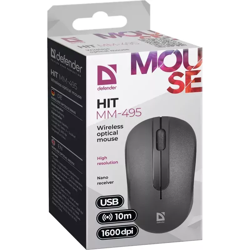 Draadloze optische muis DEFENDER HIT MM-495 RF, ambidextrous, 1600 DPI, USB RF-ontvanger, zwart