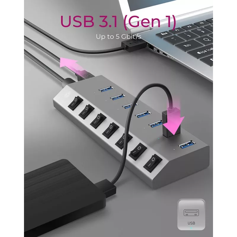 ICY BOX IB-HUB1701-C3 USB 3.2 Gen 1 (3.1 Gen 1) Type-B 5000 Mbit/s antraciet