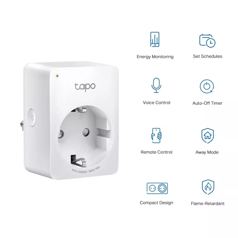 TP-Link Tapo Mini Smart Wi-Fi stopcontact, energiebewaking, binnen, wit, thuis, kantoor, status, Android, iOS, draadloos