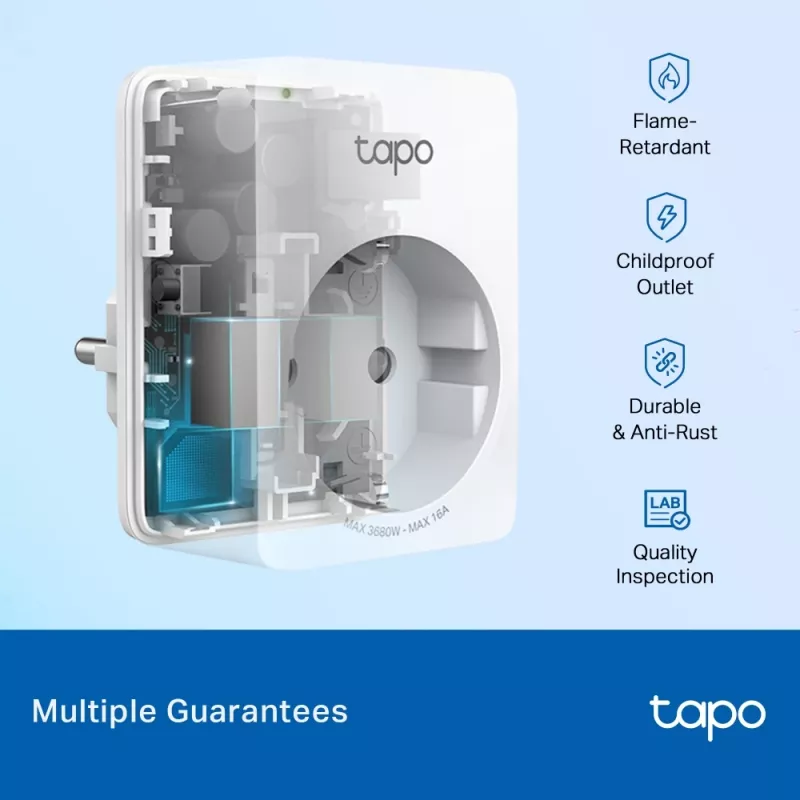 TP-Link Tapo Mini Smart Wi-Fi stopcontact, energiebewaking, binnen, wit, thuis, kantoor, status, Android, iOS, draadloos