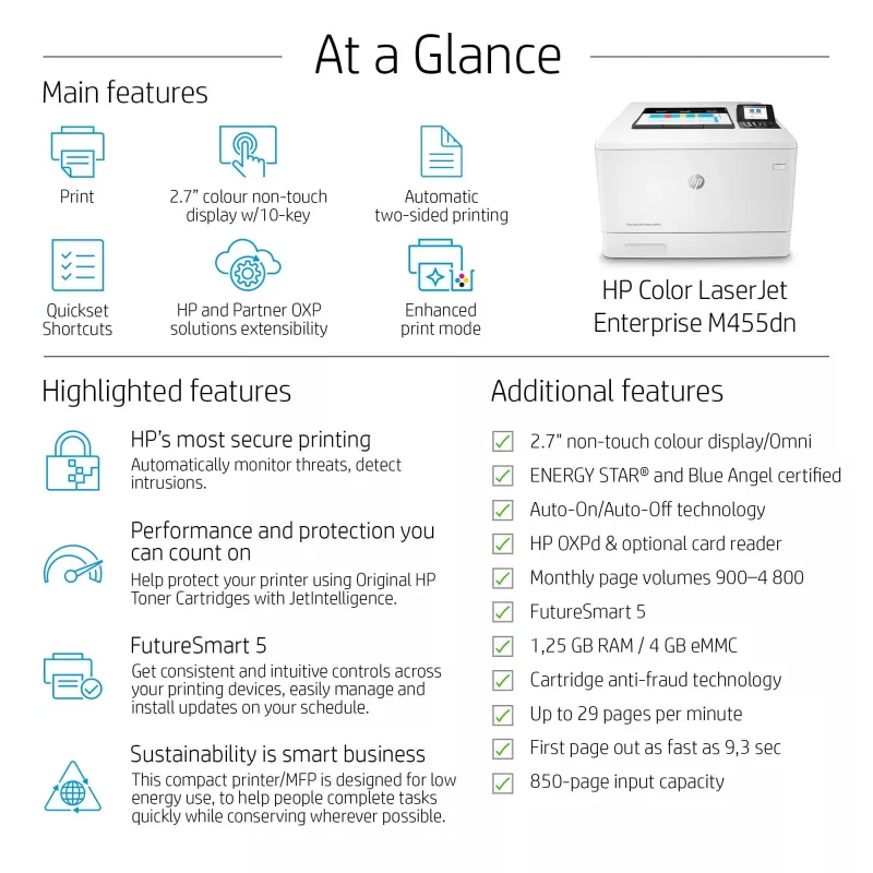 HP Color LaserJet Enterprise M455dn, laser, kleur, 600 x 600 DPI, A4, 27 ppm, dubbelzijdig afdrukken
