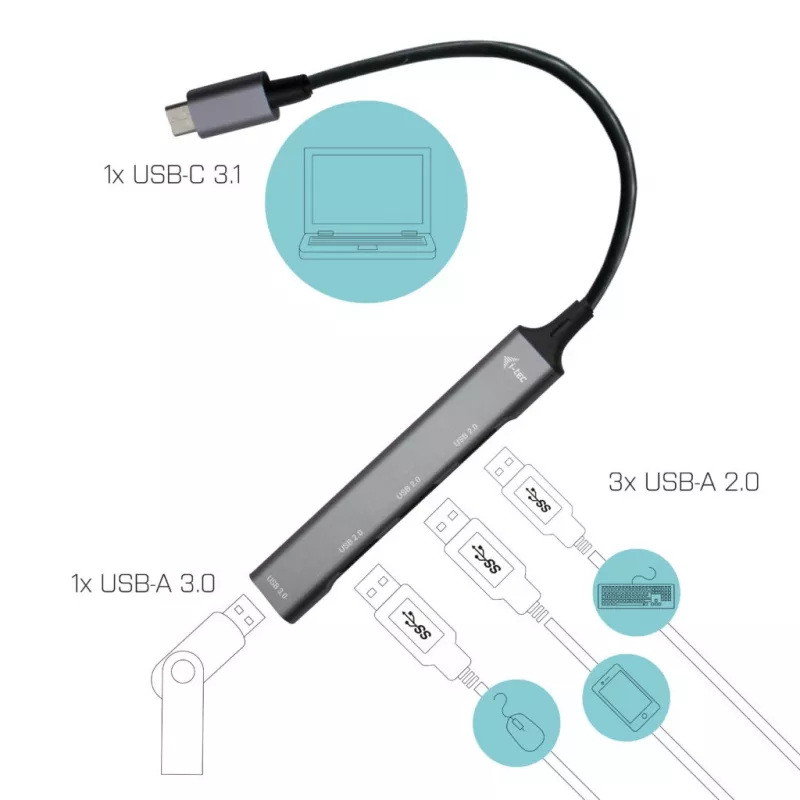 i-tec metalen USB-C-hub 1x USB 3.0 + 3x USB 2.0, USB 3.2 Gen 1 (3.1 Gen 1) Type-C, USB 2.0, USB 3.2 Gen 1 (3.1 Gen 1) Type-A, metallic, metaal, 0,19 m, Android