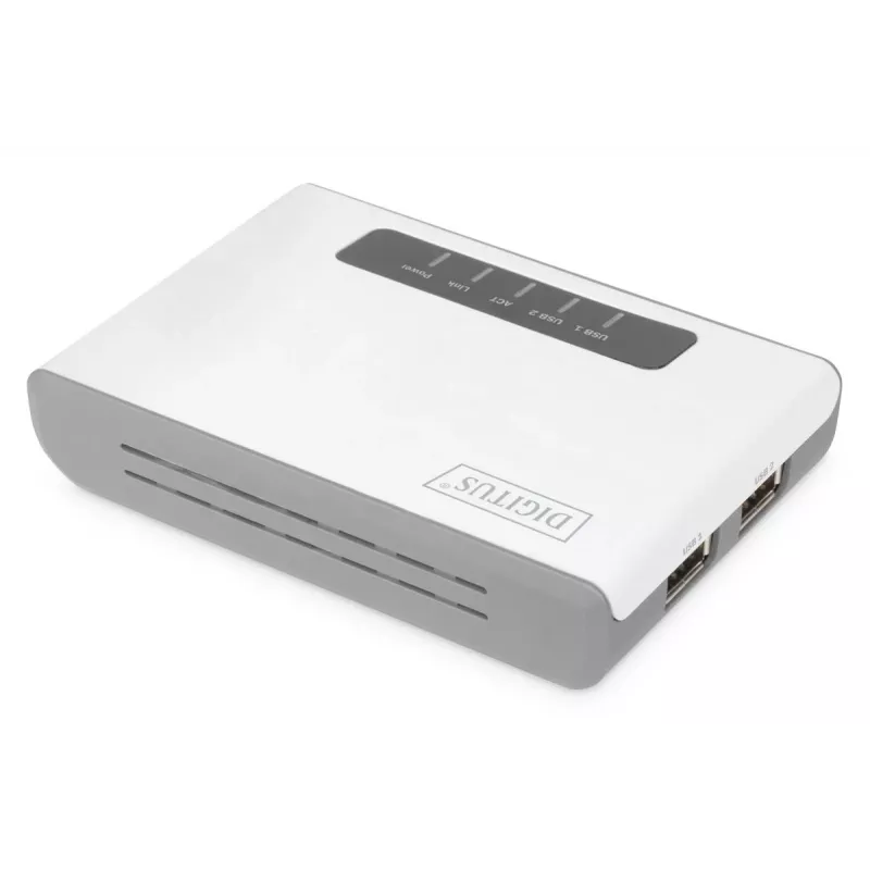 DIGITUS 2-poorts USB 2.0 WLAN-netwerkserver NAS USB-hub printserver