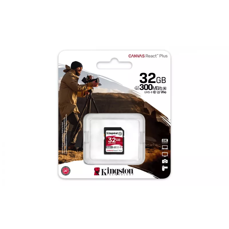 Kingston Technology 32 GB Canvas React Plus SDHC UHS-II 300R/260W U3 V90 voor Full HD/4K/8K