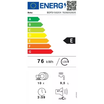 Slimline vaatwasser Beko BDFS15020X, 10 couverts, 45 cm, 47 dB, 5 programma's, invertermotor