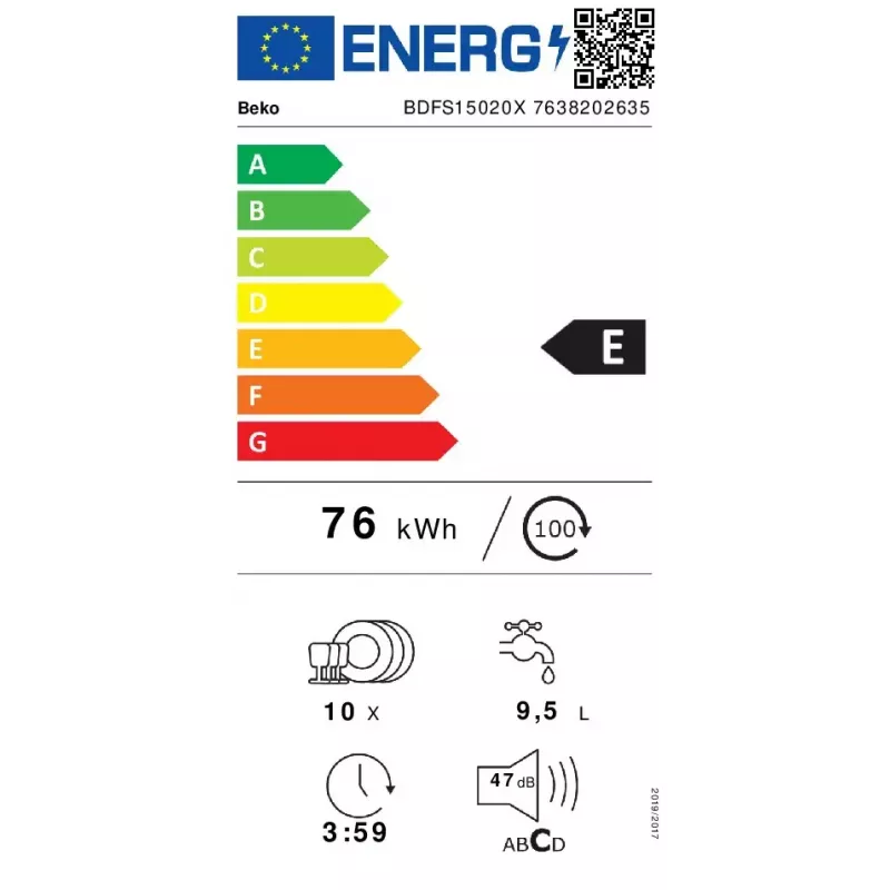 Slimline vaatwasser Beko BDFS15020X, 10 couverts, 45 cm, 47 dB, 5 programma's, invertermotor