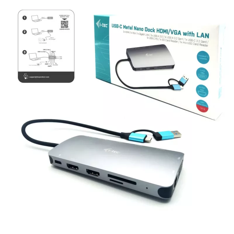 i-tec USB 3.0 USB-C/Thunderbolt 3x Display Metal Nano Dock met LAN + Power Delivery 100 W