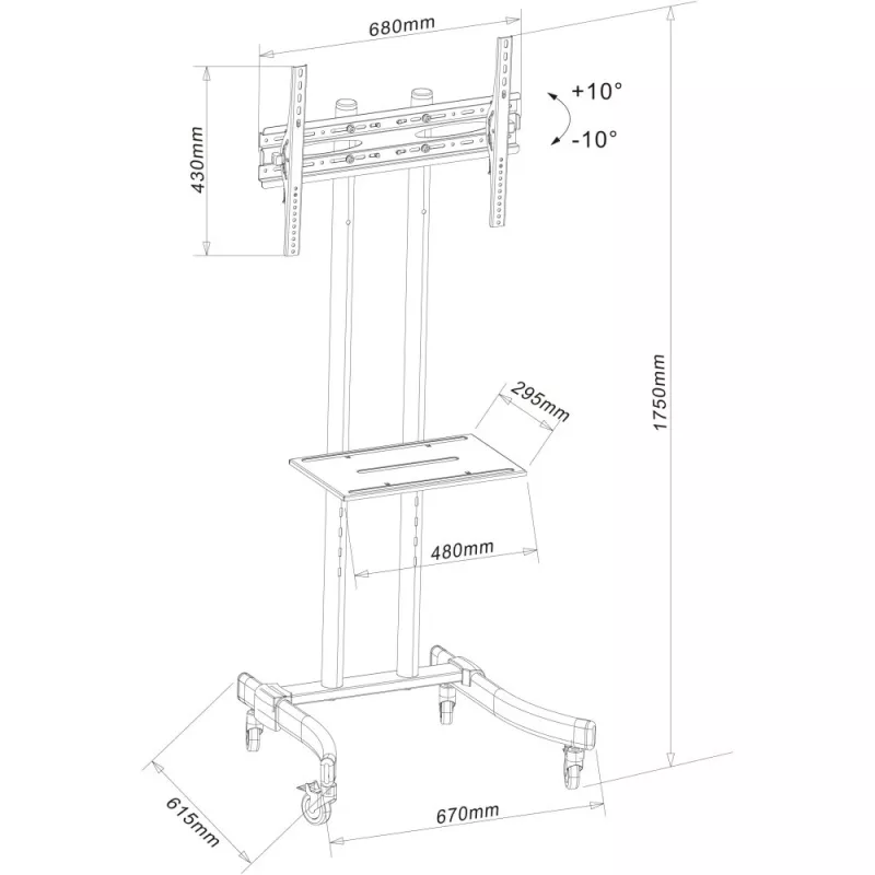 Techly ICA-TR23 mobiele tv-standaard op wielen, 32-70 inch, 40 kg, met plank