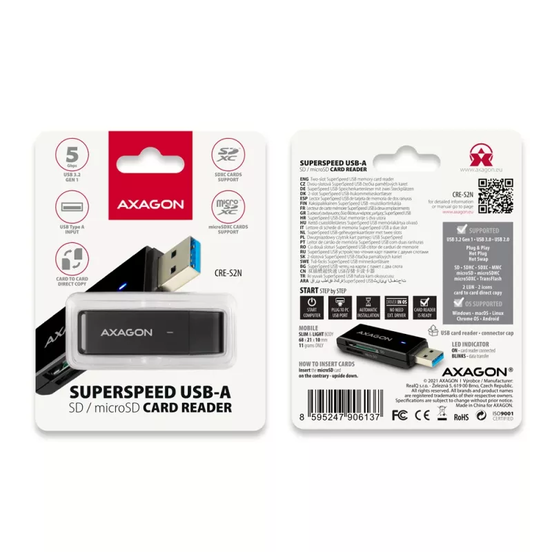 Kaartlezer Axagon CRE-S2N USB 3.2 Gen 1 Type-A zwart