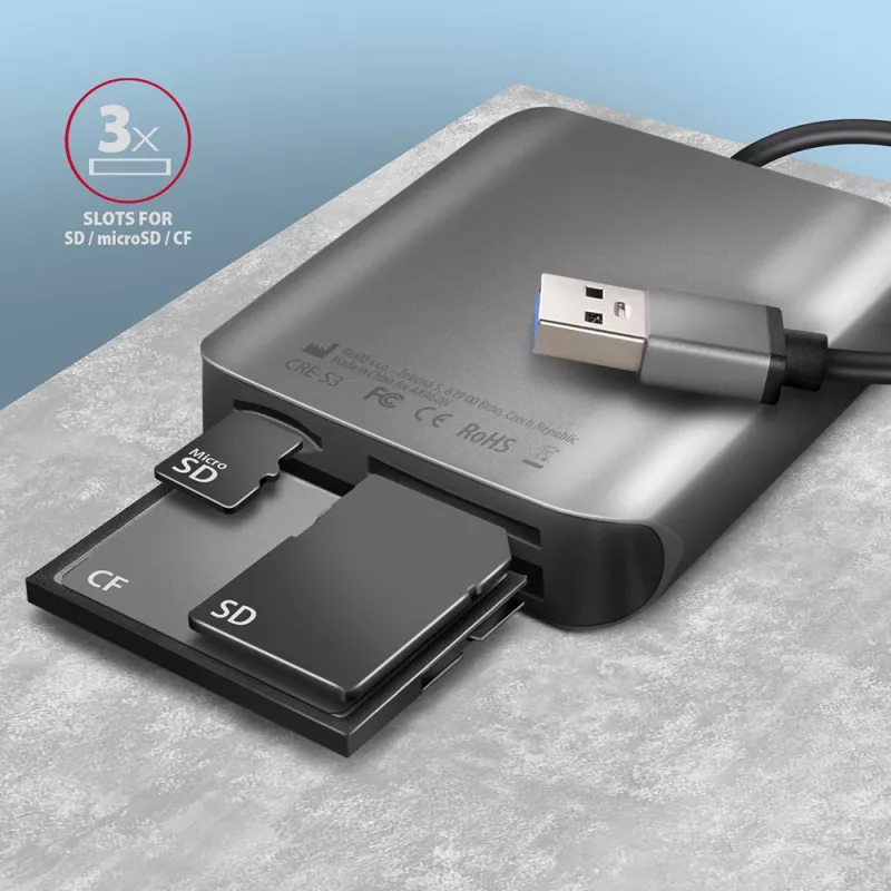 Axagon CRE-S3 externe USB-A 3.2 Gen 1 3-slot & LUN SD/microSD/CF-kaartlezer USB 3.2 Gen 1 (3.1 Gen 1) Type-A grijs