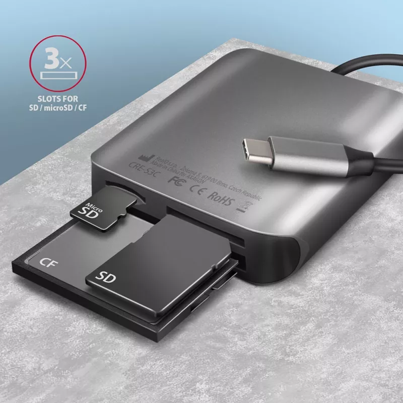 Axagon CRE-S3C aluminium highspeed USB-C 3.2 Gen 1 geheugenkaartlezer, 3 slots, UHS-II