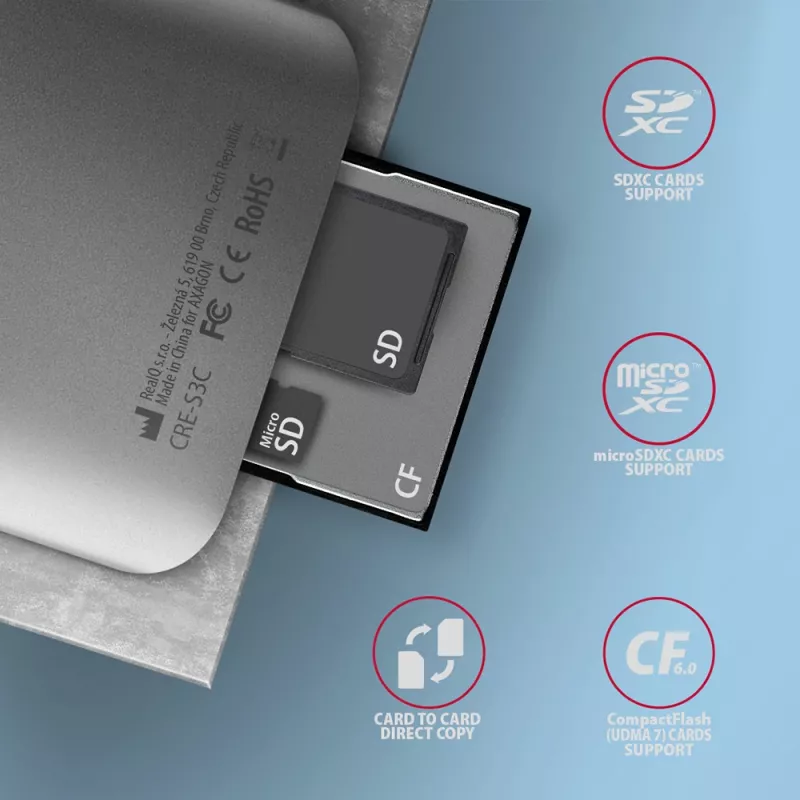 Axagon CRE-S3C aluminium highspeed USB-C 3.2 Gen 1 geheugenkaartlezer, 3 slots, UHS-II