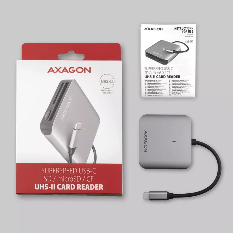 Axagon CRE-S3C aluminium highspeed USB-C 3.2 Gen 1 geheugenkaartlezer, 3 slots, UHS-II