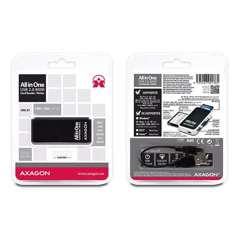 Axagon CRE-X1 externe 5-slot kaartlezer, CF, CF Type II, MMC, MMC Mobile, MMCmicro, MS Duo, MS PRO, Memory Stick (MS), MicroDrive, MicroSD...,