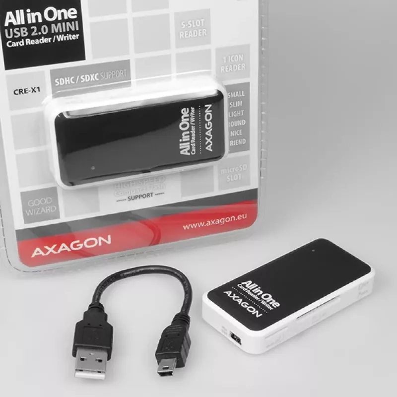 Axagon CRE-X1 externe 5-slot kaartlezer, CF, CF Type II, MMC, MMC Mobile, MMCmicro, MS Duo, MS PRO, Memory Stick (MS), MicroDrive, MicroSD...,
