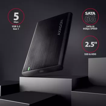 2,5 inch HDD/SSD-behuizing AXAGON EE25-A6C — SATA, USB 3.2 Gen 1 (Type-C & Type-A), aluminium, zwart