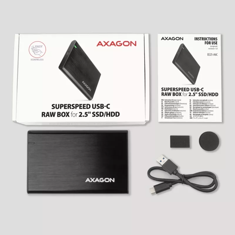 2,5 inch HDD/SSD-behuizing AXAGON EE25-A6C — SATA, USB 3.2 Gen 1 (Type-C & Type-A), aluminium, zwart