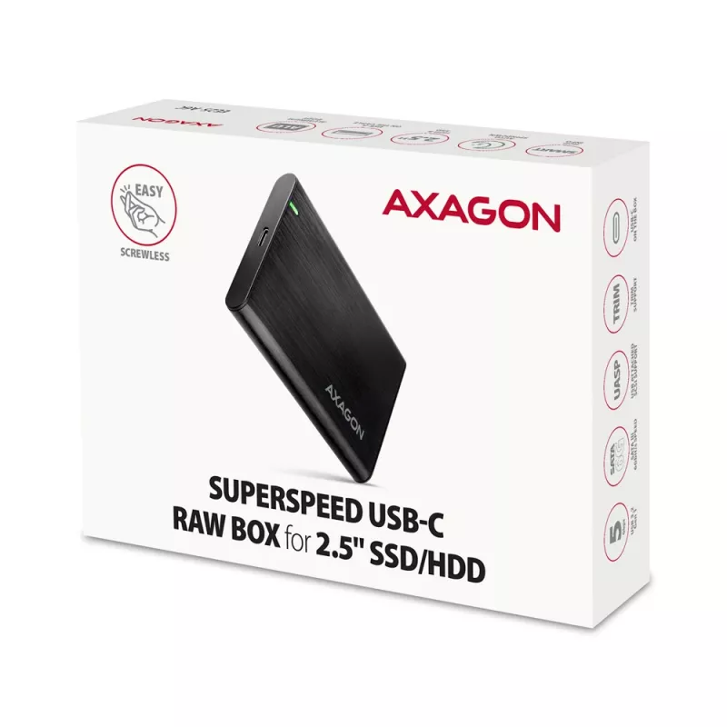 2,5 inch HDD/SSD-behuizing AXAGON EE25-A6C — SATA, USB 3.2 Gen 1 (Type-C & Type-A), aluminium, zwart
