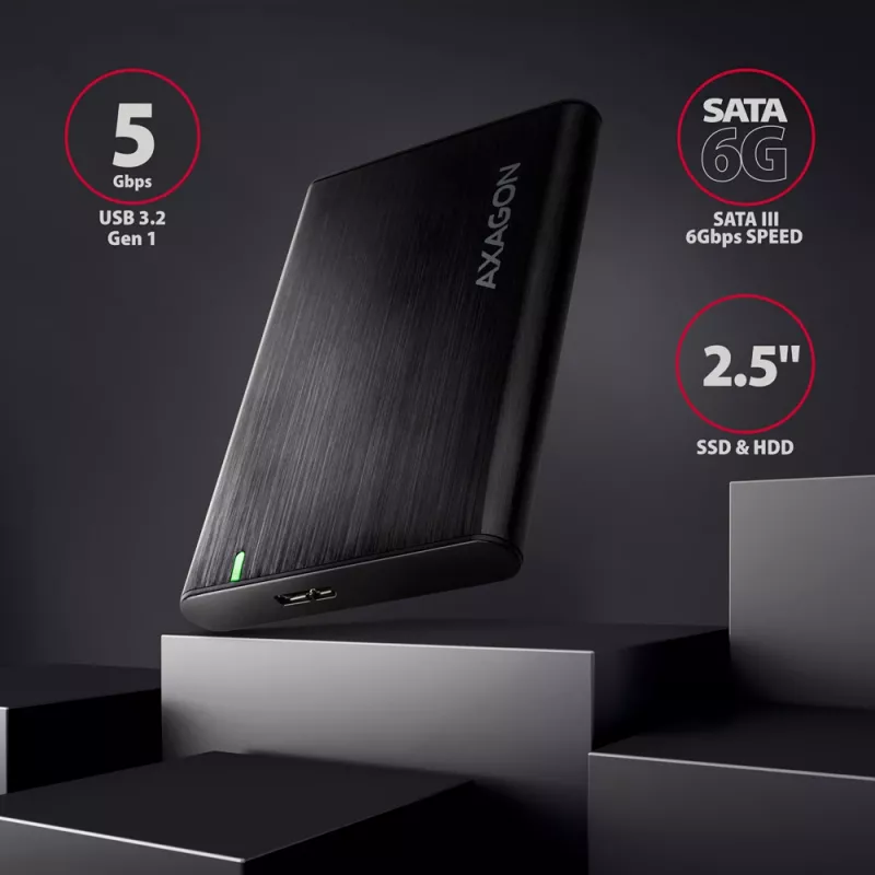 HDD/SSD-behuizing AXAGON EE25-A6M — 2,5 inch SATA, USB 3.2 Gen 1 (5 Gbit/s), Micro-USB B naar USB Type-A, aluminium, zwart