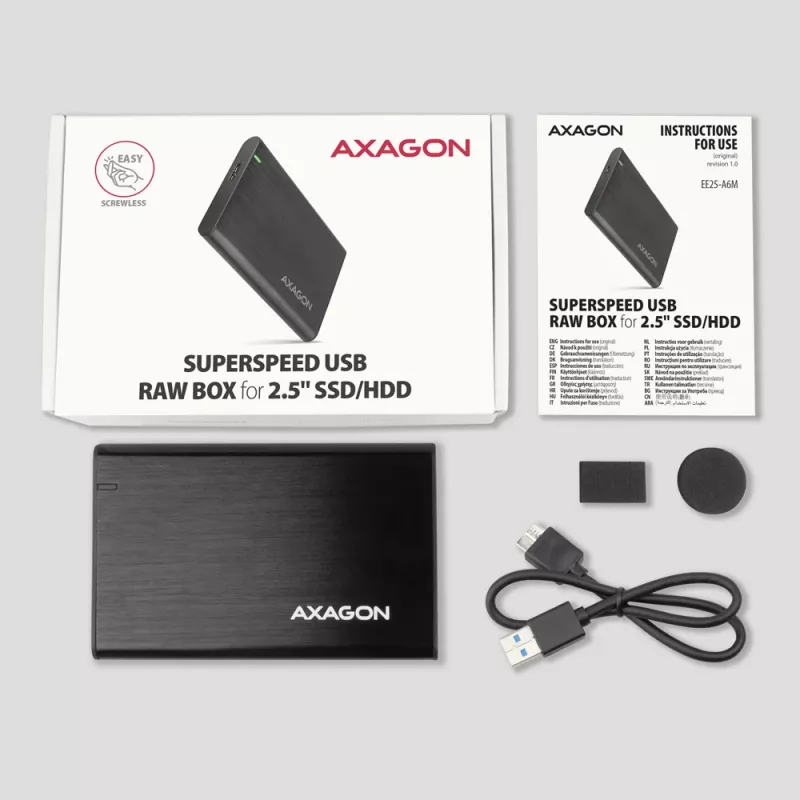 HDD/SSD-behuizing AXAGON EE25-A6M — 2,5 inch SATA, USB 3.2 Gen 1 (5 Gbit/s), Micro-USB B naar USB Type-A, aluminium, zwart