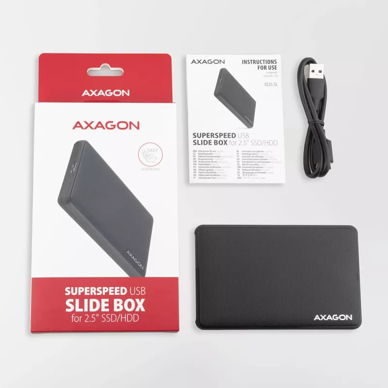 Axagon EE25-SL schroefloze USB 3.2 Gen 1 - SATA 6G externe behuizing voor 2,5 inch SSD/HDD