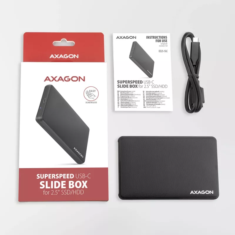 Axagon EE25-SLC schroefloze USB-C 3.2 Gen 1 - SATA 6G externe behuizing voor 2,5 inch SSD/HDD