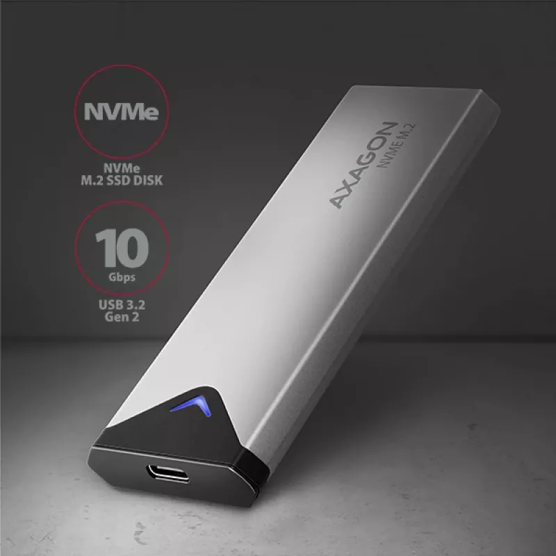 Axagon EEM2-UG2 externe USB-C 10Gbps metalen behuizing voor M.2 NVMe SSD's. zilver